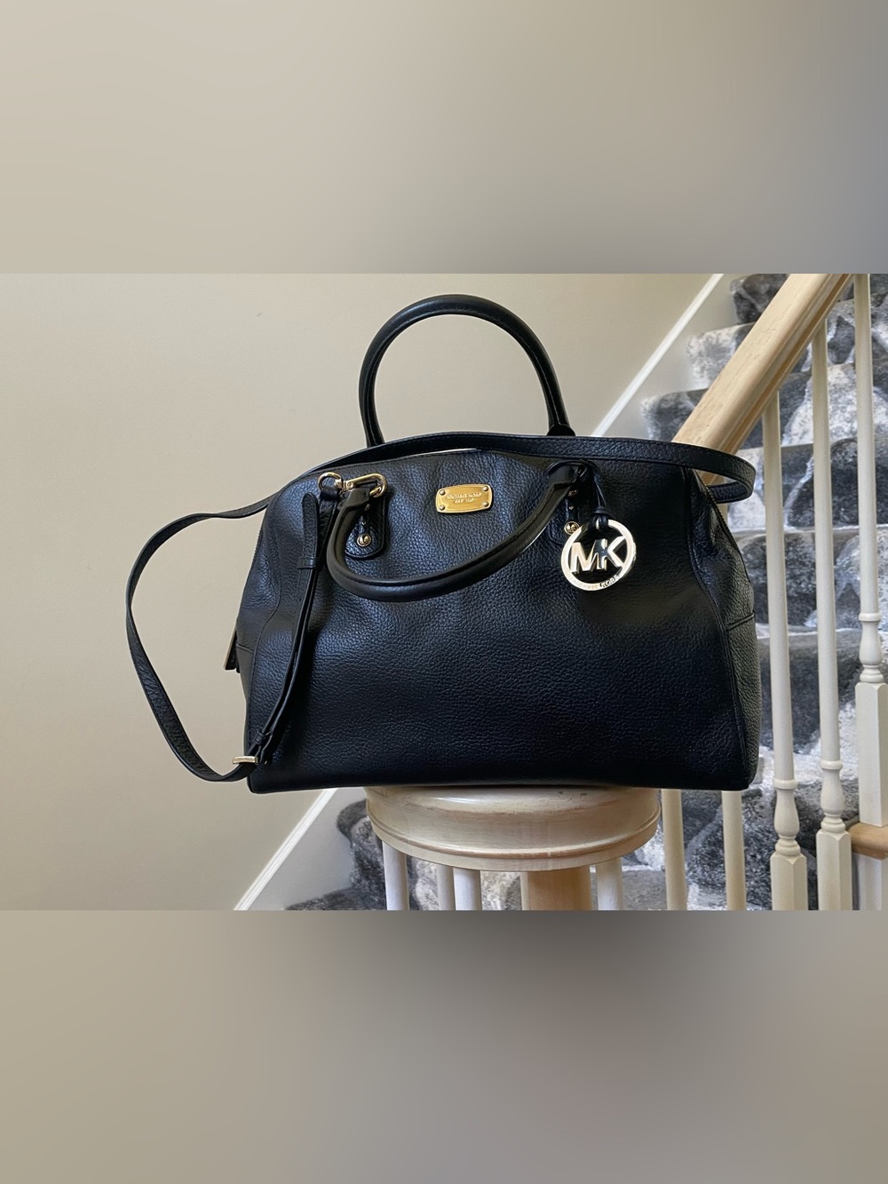 Michael Kors Black Leather Satchel with MK Charm